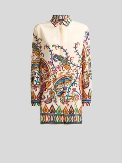 Etro , Long Silk Shirt With Placed Floral Paisley Print, Woman, Beige, Size 48 In Sand
