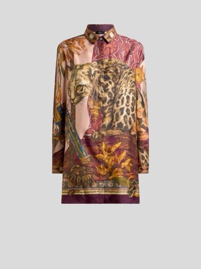 Etro , Long Silk Shirt With Placed Leopard Print, Woman, Multicolour, Size 46