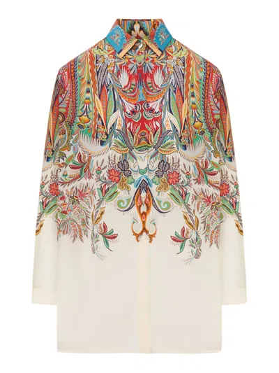 Etro Long Silk Shirt With Placed Paisley Foliage Print In Multi
