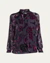 Etro Long-sleeve Burnout Tie-neck Blouse In Multi