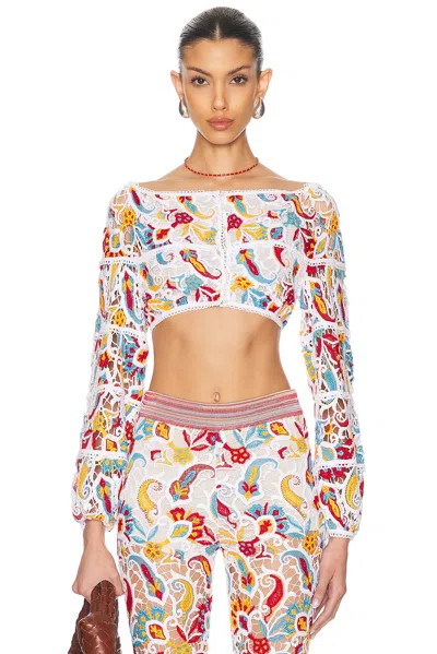 Etro Long Sleeve Cropped Top In Multicolor On White Base