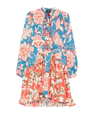 Etro Print Long Sleeve Stretch Cotton Dress In Blue