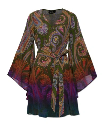 Etro Belted Paisley-printed Jersey Mini Dress In Blue