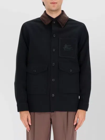 Etro Long Sleeve Jacket With Chest Pocket And Contrast Collar In Black