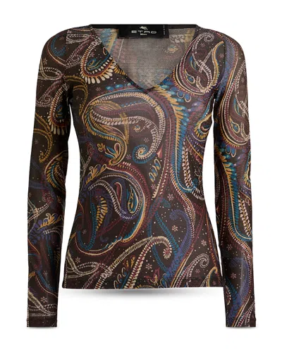 Etro Long Sleeve Jersey Top With Deep V Neck In Multi