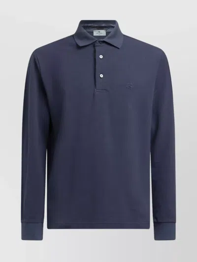 Etro Long Sleeve Polo Collar Ribbed Cuffs In Blue