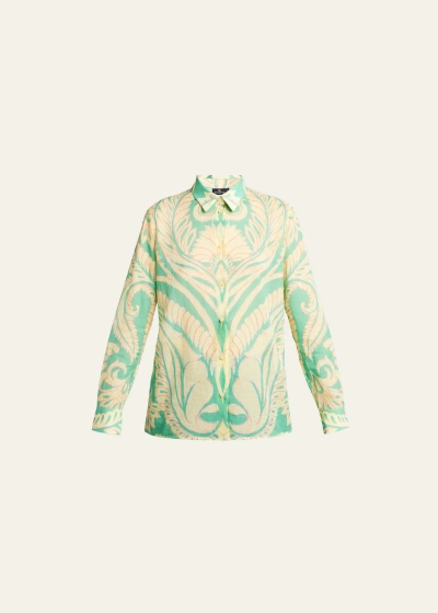 Etro Long-sleeve Printed Button-front Top In Print On Green Ba