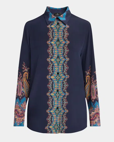 Etro Long-sleeve Printed Silk Shirt In Blue