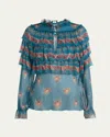 Etro Long-sleeve Ruffled Silk Top In Blue