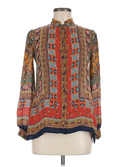 Pre-owned Etro Long Sleeve Silk Top Orange Paisley Pattern High Neck Tops