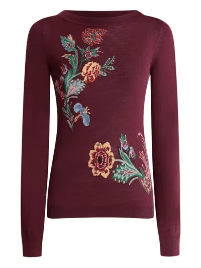 Etro Long Sleeve Sweater With Boat Neck And Ribbed Finishes In Burgundy