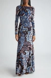 Etro Womens Multi On Blue Floral-intarsia-graphic Plunge-neckline-at-back Stretch-woven Blend Maxi Dress In Multicolour