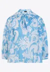 Etro Loose-fit Cotton Shirt With V-neck And Floral Pattern In Light Blue