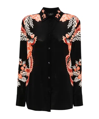 Etro Black Silk Shirt With Print In Multi
