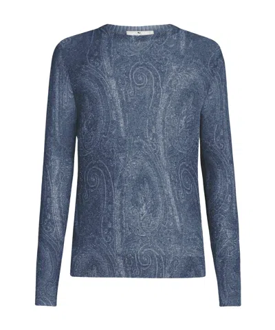 Etro Silk Blend Crew Neck Sweater With Paisley Embroidery In Blue