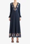 Etro Plunging Engineer Border-print Ruffle Cady Midi Dress In Navy