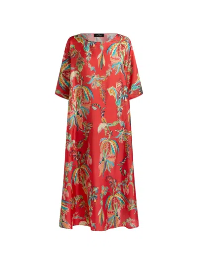 Etro Long Tunic Dress In Silk Twill With Paisley Foliage Motif In Red