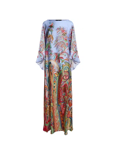Etro Long Twill Dress Whith Placed Paisley Foliage Print In Brown