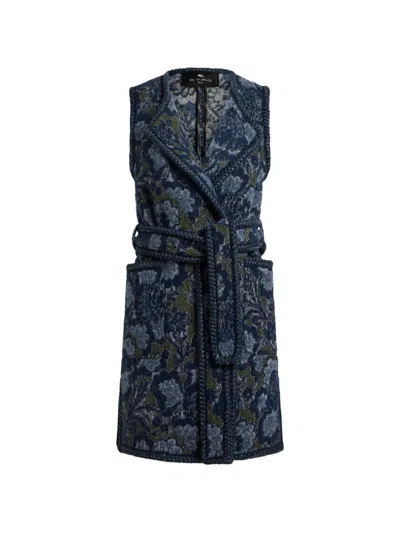 Etro Long Waistcoat In Cotton-blend Bouclé Jacquard With Floral Motif In Blue