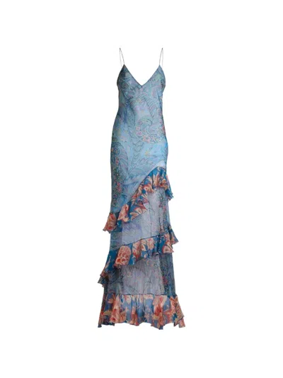 Etro Long Wide Dress With Ruffles At The Hem In Multi