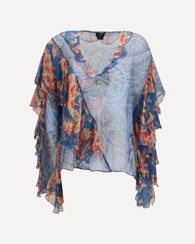 Etro Long-sleeve Silk Shirt With Ruffles And Floral Motif In Multi
