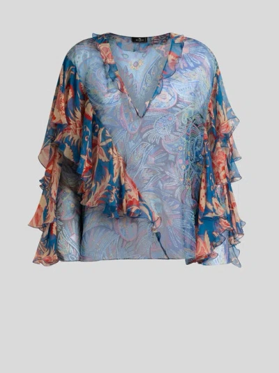 Etro , Long-sleeved Silk Blouse With Ruffles And Floral Motif, Woman, Light Blue, Size 40