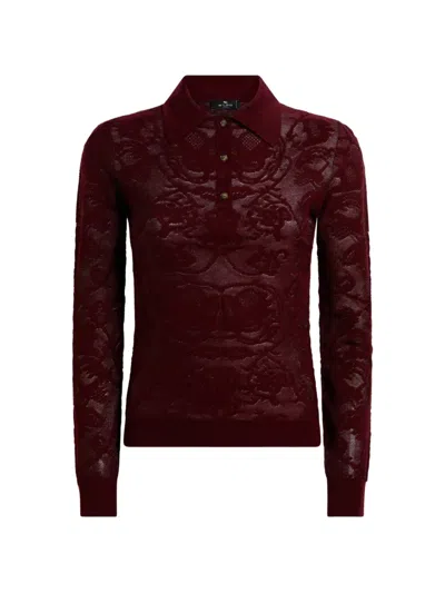 Etro Long-sleeved Wool Jacquard Polo Shirt With Placed Motif In Red