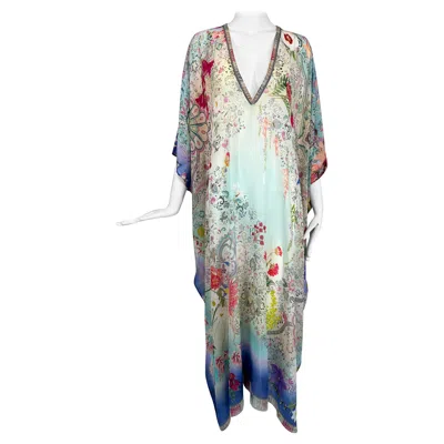 Pre-owned Etro Los Angeles Silk Spring Floral & Bees Print Long Caftan With Self Belt Lg. In Gray