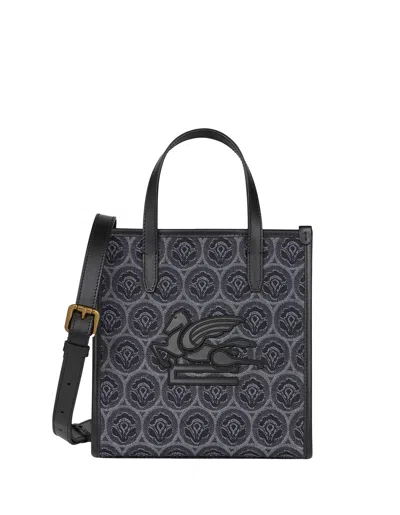 Etro Love Trotter Medium Bag In Blue Jacquard Denim In Navy Blue