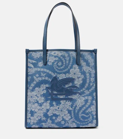 Etro Love Trotter Medium Jacquard Denim Shopper In Blue