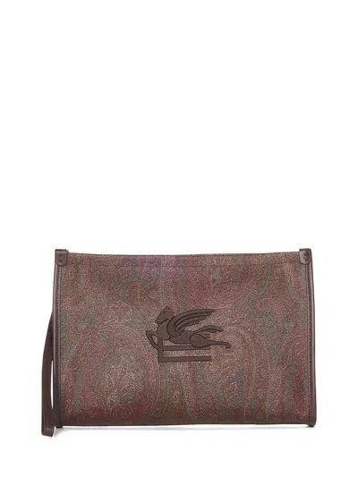Etro Coated Canvas Clutch With Paisley Motif In Brown