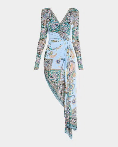 Etro Lucky Charm Jersey Long-sleeve Twisted Asymmetric Dress In Blue Print 2