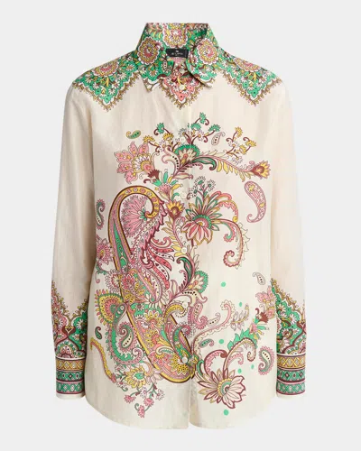 Etro Lucky Charm Paisley Bordura Cotton Voile Blouse In Print On White