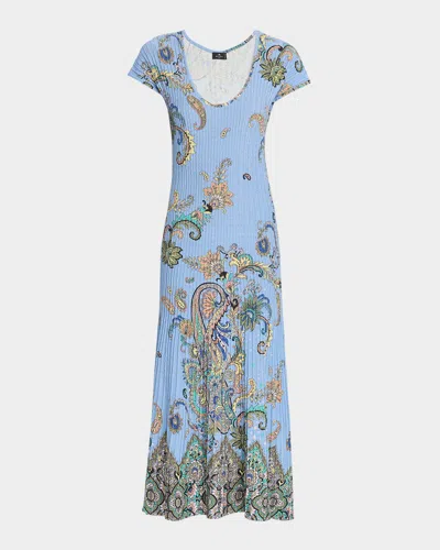 Etro Lucky Charm Print Scoop-neck Rib Midi Dress In Blue Print