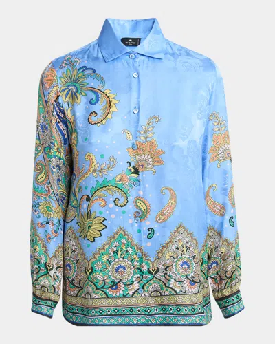 Etro Lucky Charm Silk Jacquard Button-down Blouse In Blue Print 2