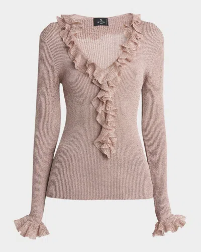 Etro Metallic Rib Ruffle V-neck Sweater In Pink 7