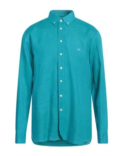 Etro Man Shirt Turquoise Size 17 Linen In Blue