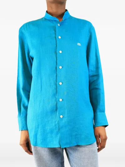 Pre-owned Etro Mandarin-collar Embroidered Shirt In Blue