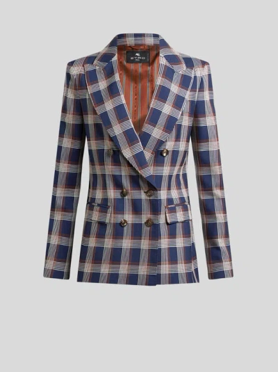 Etro Checked Wool Blazer In Blue