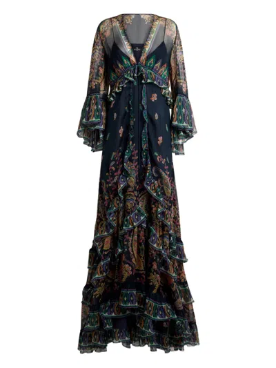 Etro Maxi Dress Sheer Sleeves Paisley Flared In Multi