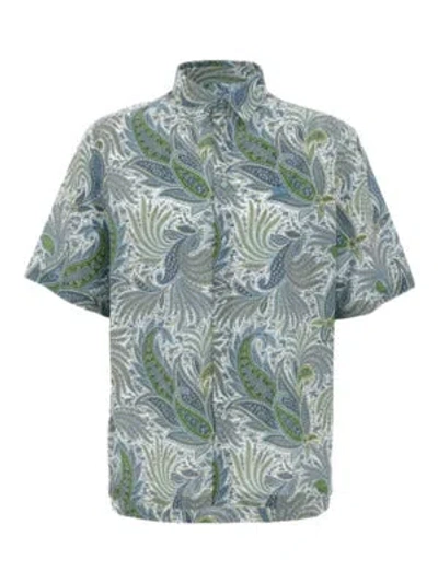 Etro Maxi Floral Print Short Sleeve Shirt For Men In Blue