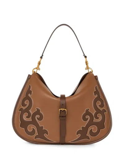 Etro Maxi Leather Pony Bag With Texan Embroidery In Brown
