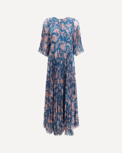 Etro Women Maxi Pleated Dress With Flared Sleeves In Blue