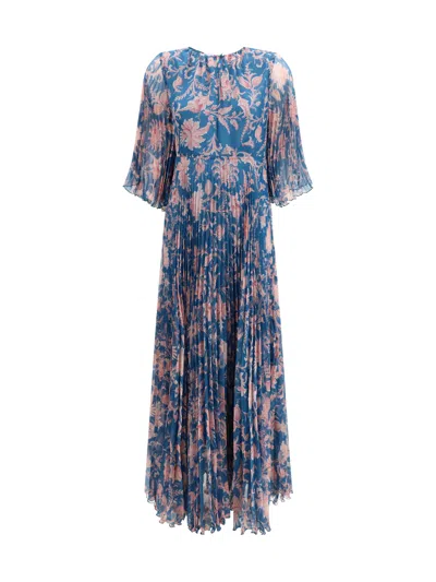 Etro Maxi Pleated Dress With Flared Sleeves In Blue