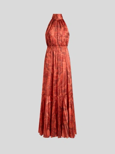 ETRO , PEAU D'ANGE SILK MAXI DRESS WITH FLOWER AND BEE MOTIF, WOMAN, ORANGE, SIZE 48