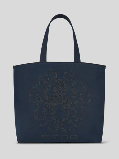 Etro , Maxi Tote Bag With Octopus Embroidery, Man, Navy Blue In Navyblau