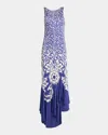 Etro Medallion Paisley Jersey Asymmetric Backless Dress In Blue Print 3