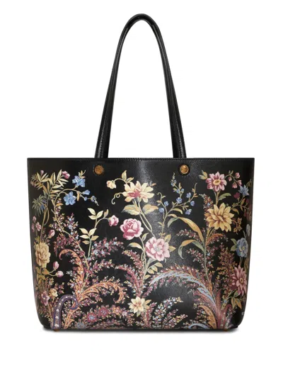 Etro Medium Floral Print Shopping Bag In Black