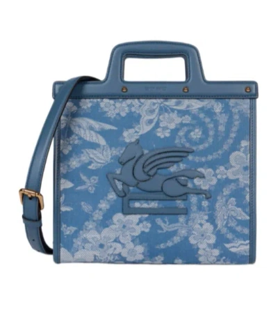 Etro Medium Floral Denim Love Trotter Bag In Blue