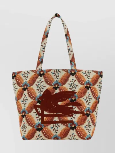 Etro Medium Floral Embroidered Canvas Tote Bag In Cream